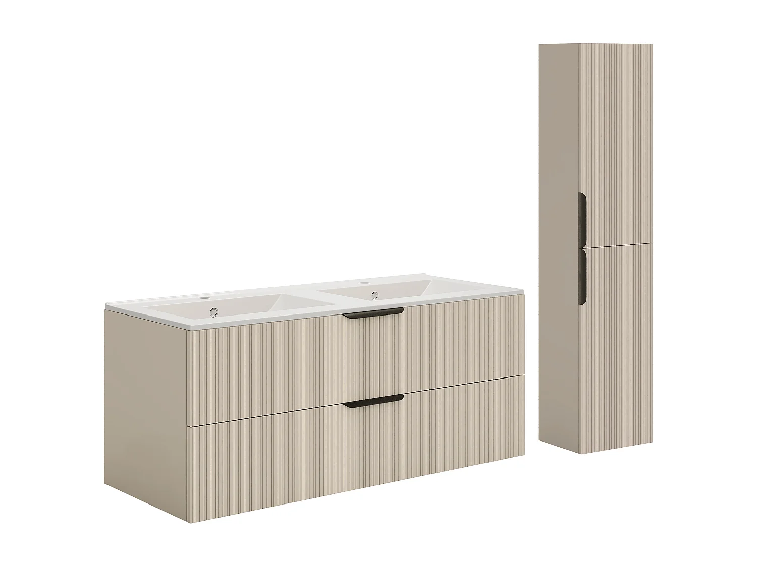 Meuble de salle de bain suspendu strié avec vasque à encastrer et colonne - Coloris beige - 120 cm - DALIKO