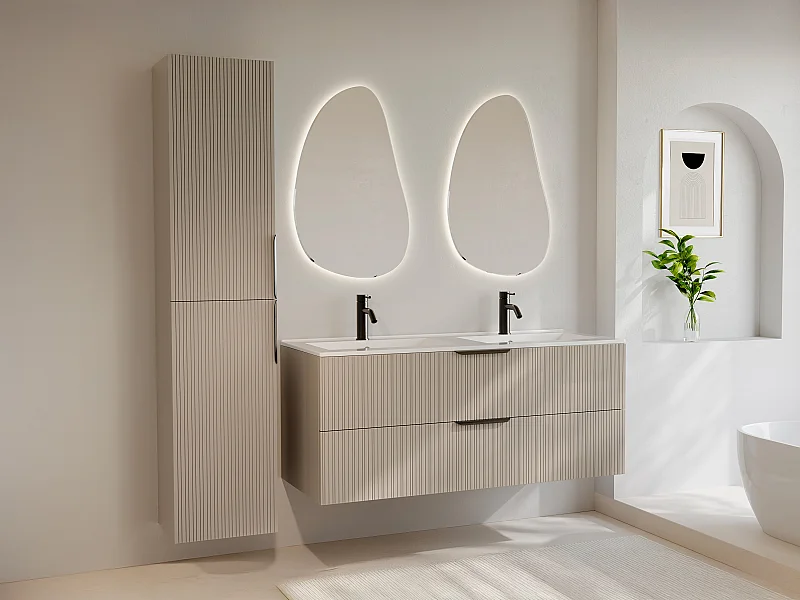 Mobile bagno sospeso con scanalature con lavabo ad incasso e colonna - Beige - 120 cm - DALIKO