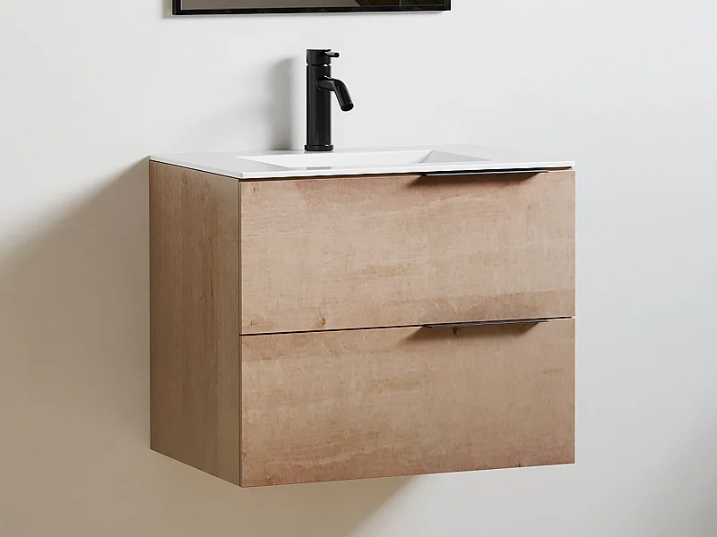 Upphängt badrumsmöbel med inbyggt tvättställ - Ljus natur - 60 cm - NISAYA