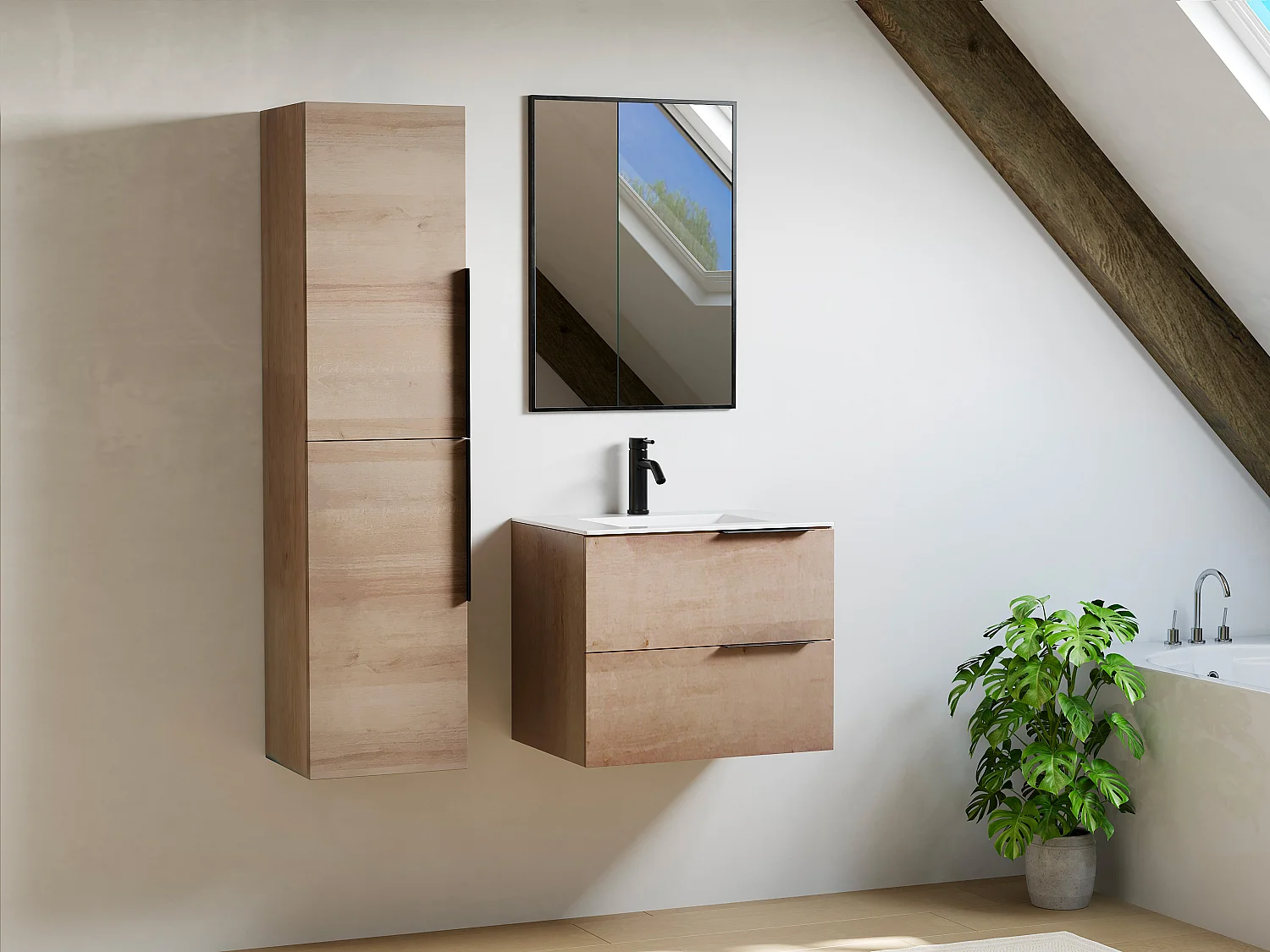 Meuble de salle de bain suspendu avec vasque à encastrer et colonne - Naturel clair - 60 cm - NISAYA