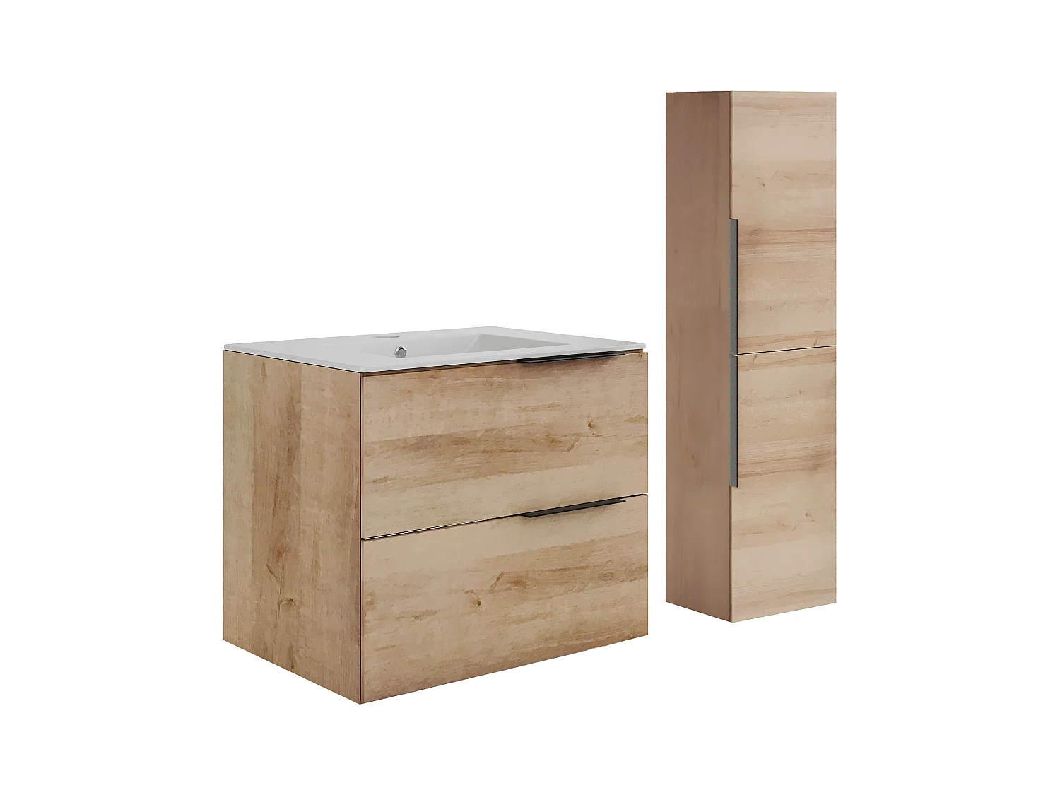 Meuble de salle de bain suspendu avec vasque à encastrer et colonne - Naturel clair - 60 cm - NISAYA