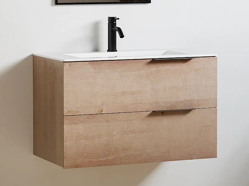 Hängender Badezimmerunterschrank mit Einbauwaschbecken - Heller Naturton - 80 cm - NISAYA