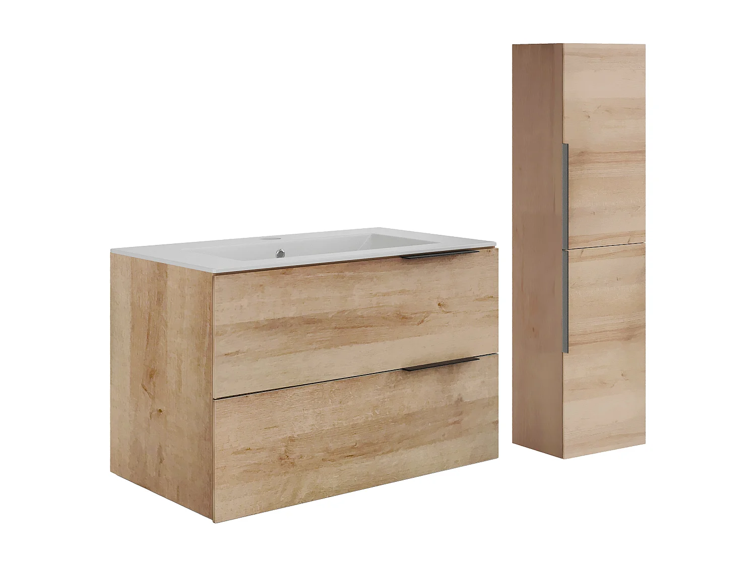 Meuble de salle de bain suspendu avec vasque à encastrer et colonne - Naturel clair - 80 cm - NISAYA