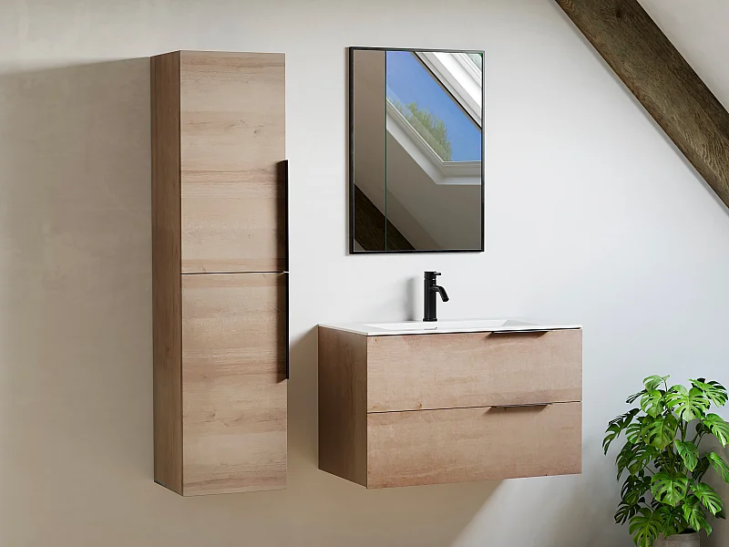 Szafka łazienkowa wisząca  z umywalką do zabudowy i kolumną - Jasny naturalny - 80 cm - NISAYA