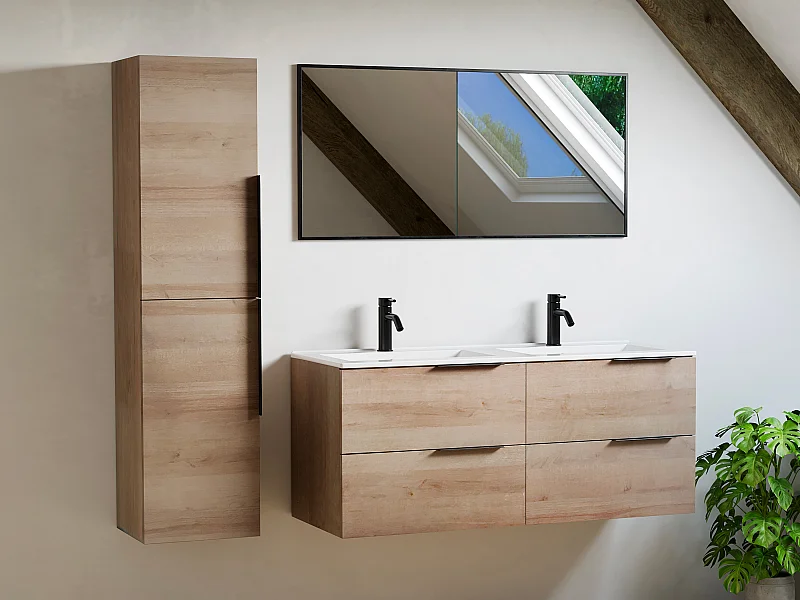 Hängender Badezimmerunterschrank mit Einbauwaschbecken und Hochschrank - Heller Naturton - 120 cm - NISAYA