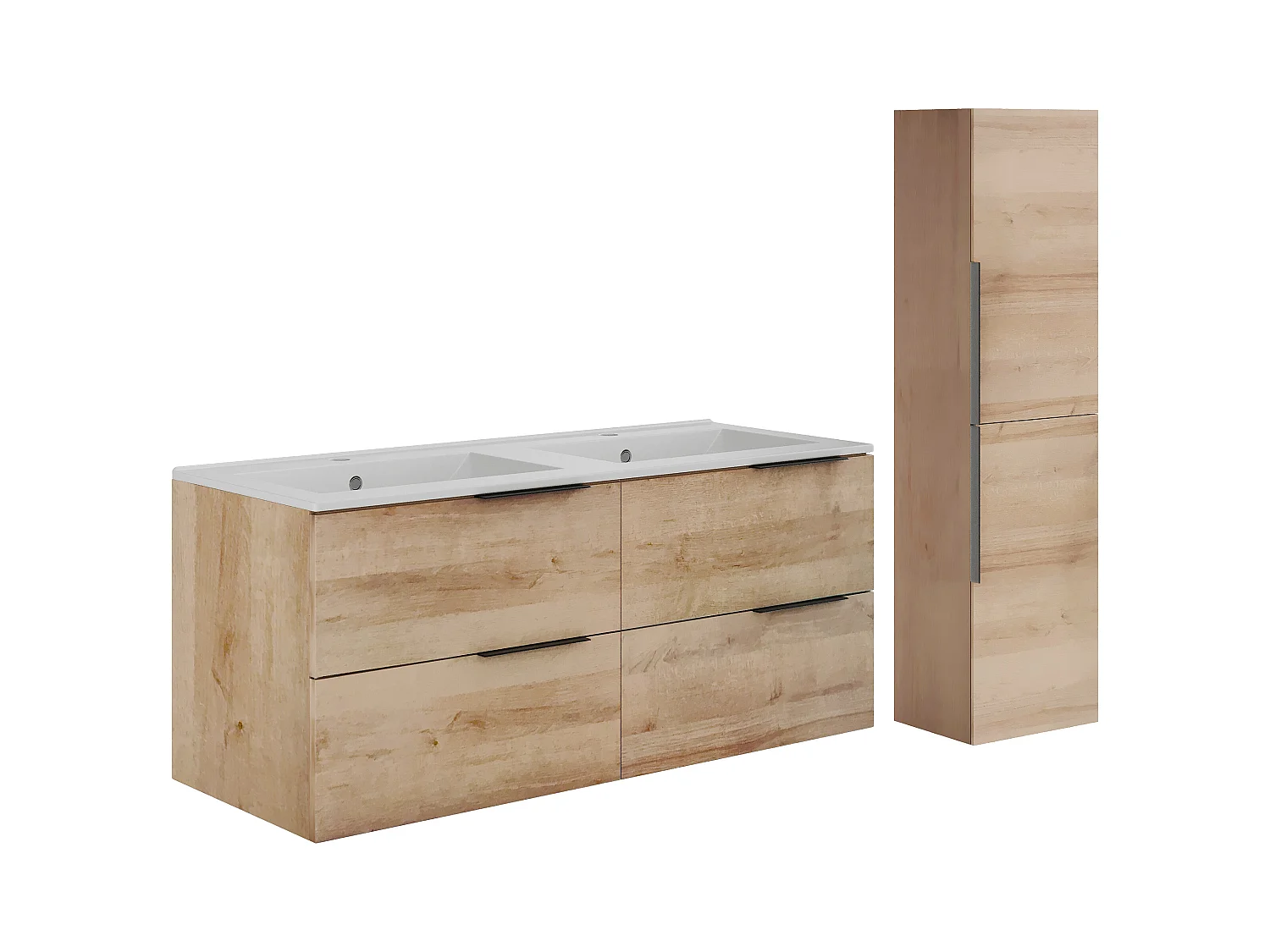 Meuble de salle de bain suspendu avec vasque à encastrer et colonne - Naturel clair - 120 cm - NISAYA