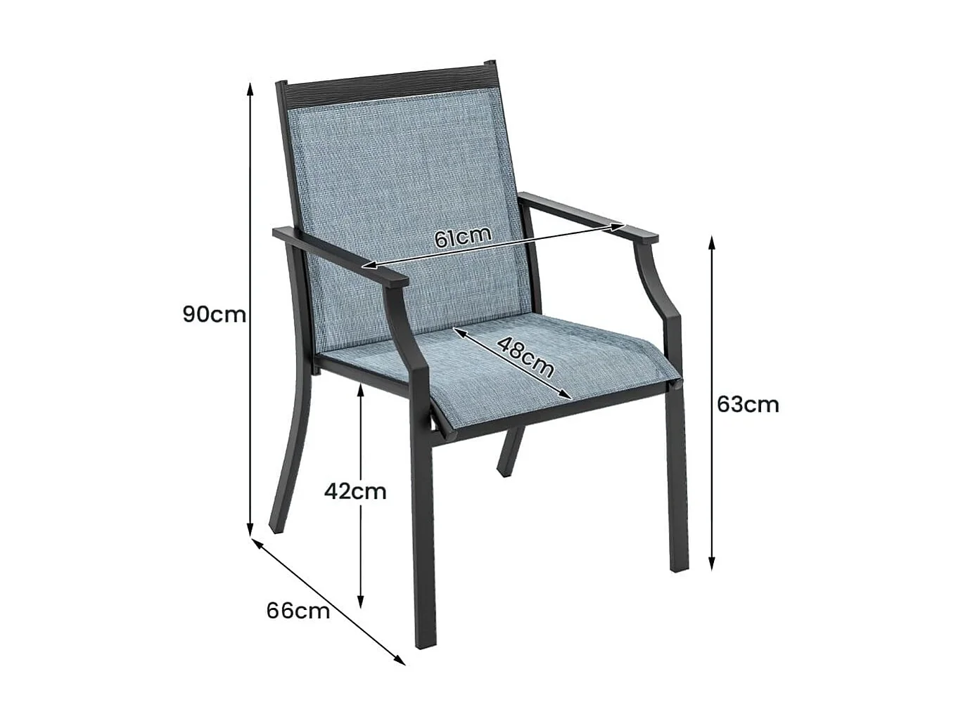 2 Pièces Chaises de Salle à Manger de Patio avec Siège Respirant Cadre en Métal Dossier et Accoudoirs Ergonomiques Fauteuils à Dossier Haut Bleu