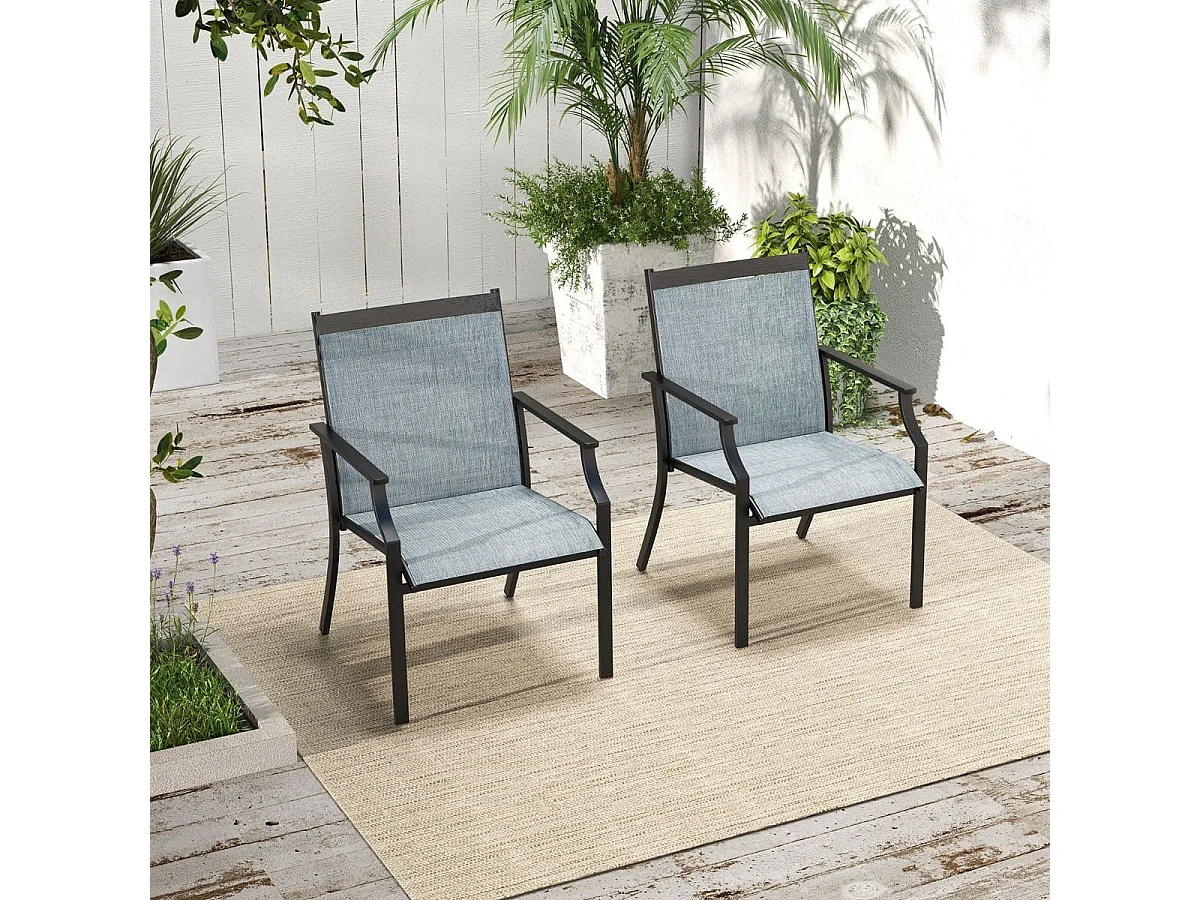 2 Pièces Chaises de Salle à Manger de Patio avec Siège Respirant Cadre en Métal Dossier et Accoudoirs Ergonomiques Fauteuils à Dossier Haut Bleu
