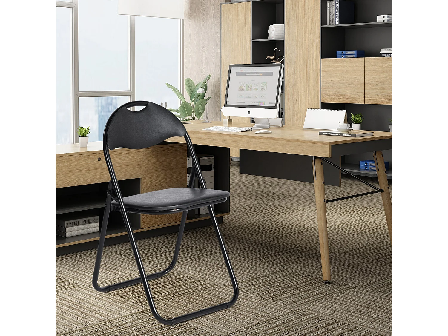 Lot de 2 Chaises Pliantes Noires en Coussin de siège en PU et pieds en métal Style Classique