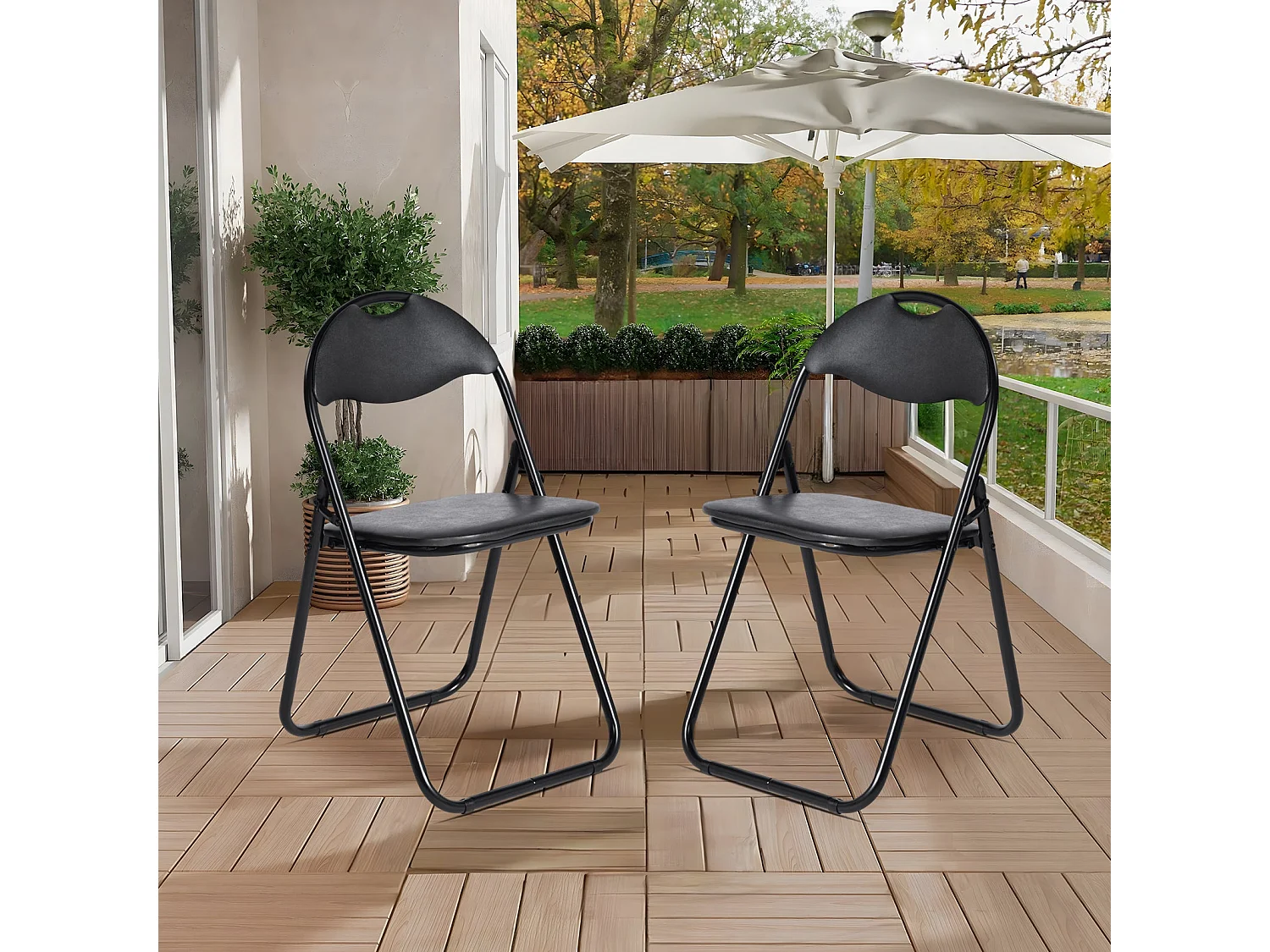 Lot de 2 Chaises Pliantes Noires en Coussin de siège en PU et pieds en métal Style Classique