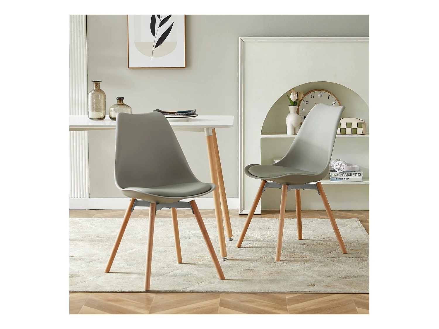 Lot de 2 Chaises de Salle à Manger en PP avec Pieds en Hêtre-Gris