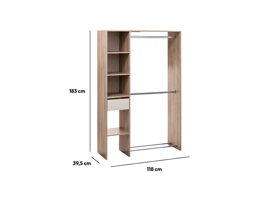 Dressing 2 penderies avec étagères coloris Effet chêne naturel - Longueur 118 x largeur 39,5 x Hauteur 180 cm