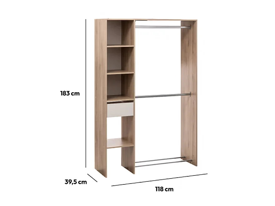 Dressing 2 penderies avec étagères coloris Effet chêne naturel - Longueur 118 x largeur 39,5 x Hauteur 180 cm