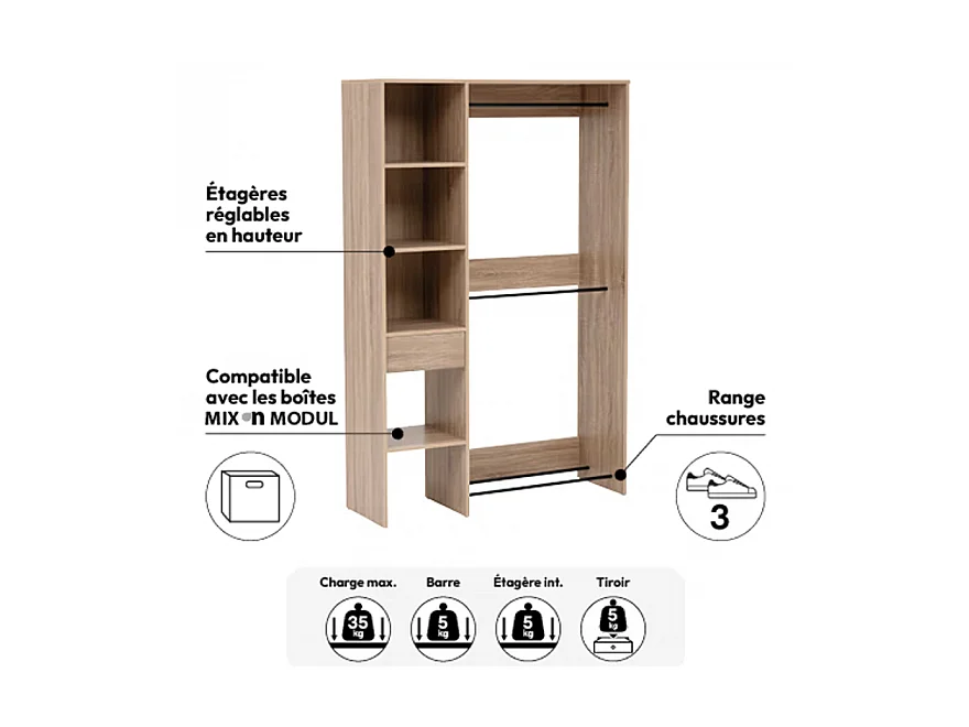 Dressing 2 penderies avec étagères coloris Effet chêne naturel - Longueur 118 x largeur 39,5 x Hauteur 180 cm