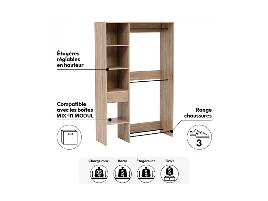 Dressing 2 penderies avec étagères coloris Effet chêne naturel - Longueur 118 x largeur 39,5 x Hauteur 180 cm