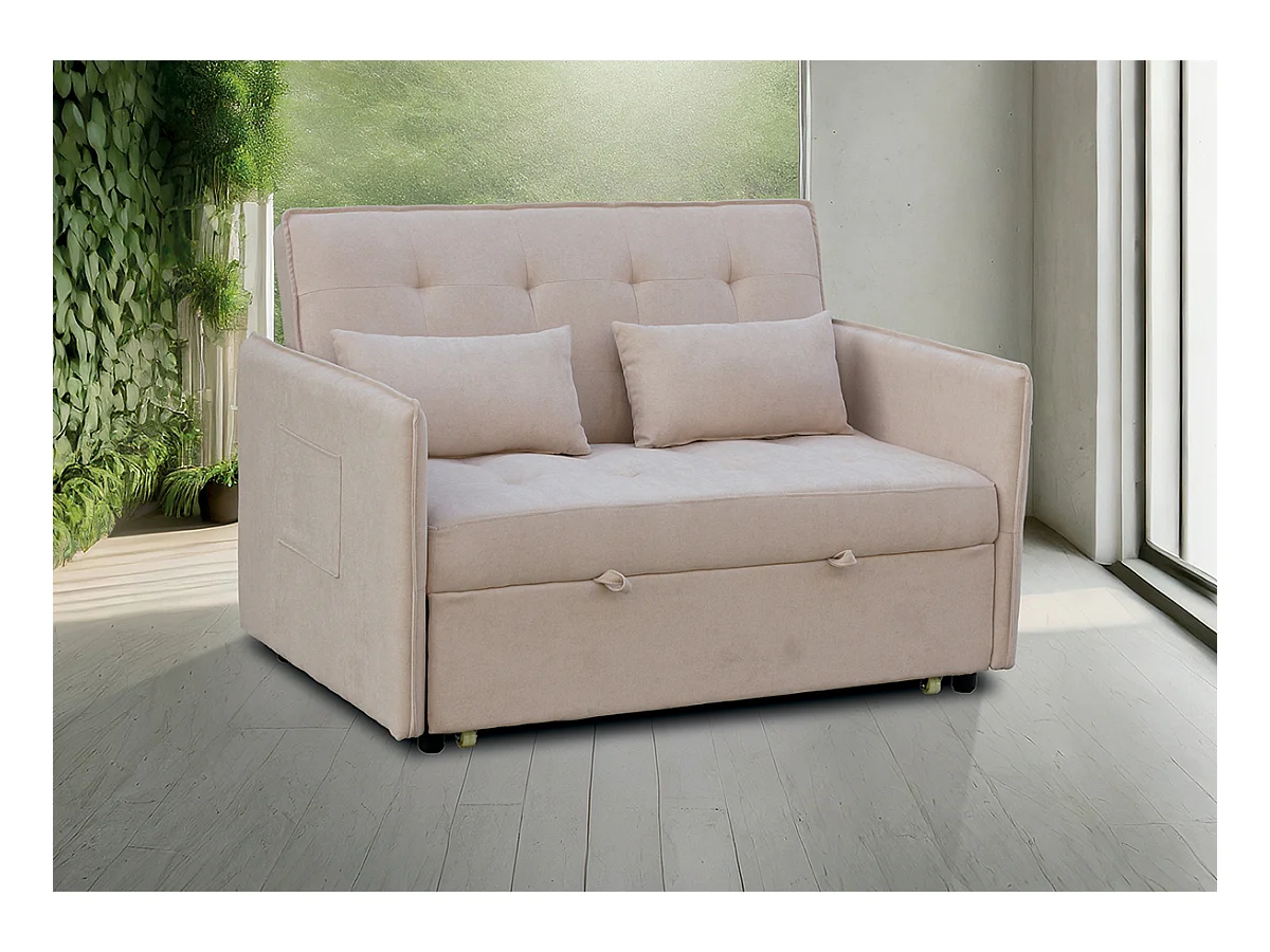 Canapé-lit, canapé de salon avec accoudoirs en tissu coloris beige - Longueur 135 x profondeur 87 x hauteur 96 cm