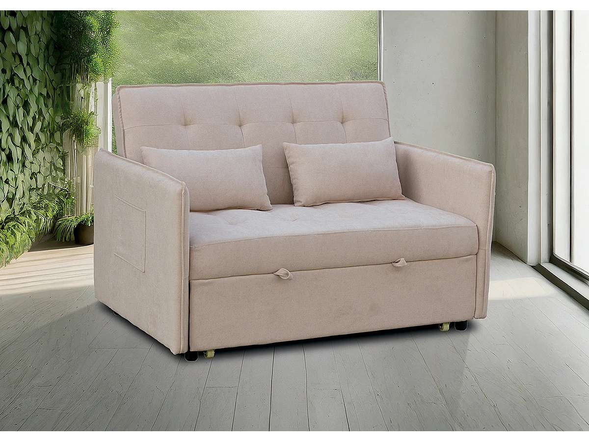 Canapé-lit, canapé de salon avec accoudoirs en tissu coloris beige - Longueur 135 x profondeur 87 x hauteur 96 cm