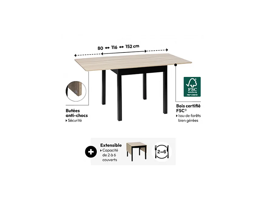 Table à manger extensible à rabat 2 à 6 places - Longueur 80-152 x Largeur 80 x hauteur 75 cm