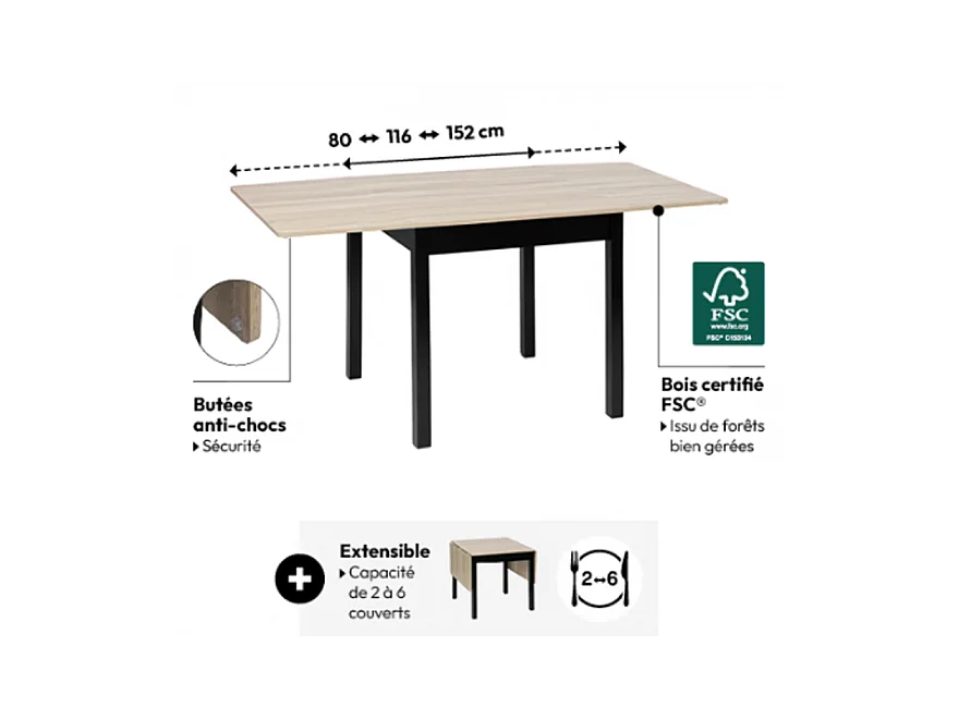 Table à manger extensible à rabat 2 à 6 places - Longueur 80-152 x Largeur 80 x hauteur 75 cm