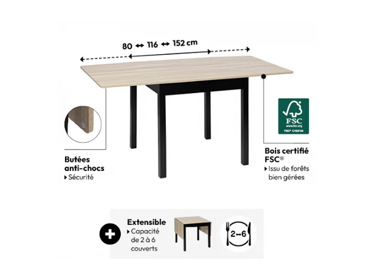 Table à manger extensible à rabat 2 à 6 places - Longueur 80-152 x Largeur 80 x hauteur 75 cm