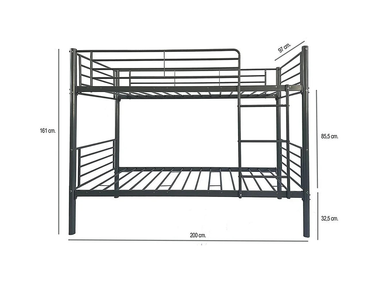 Lit superposé en métal coloris gris, couchage 90x190 cm - Longueur 200 x profondeur 97 x hauteur 161 cm