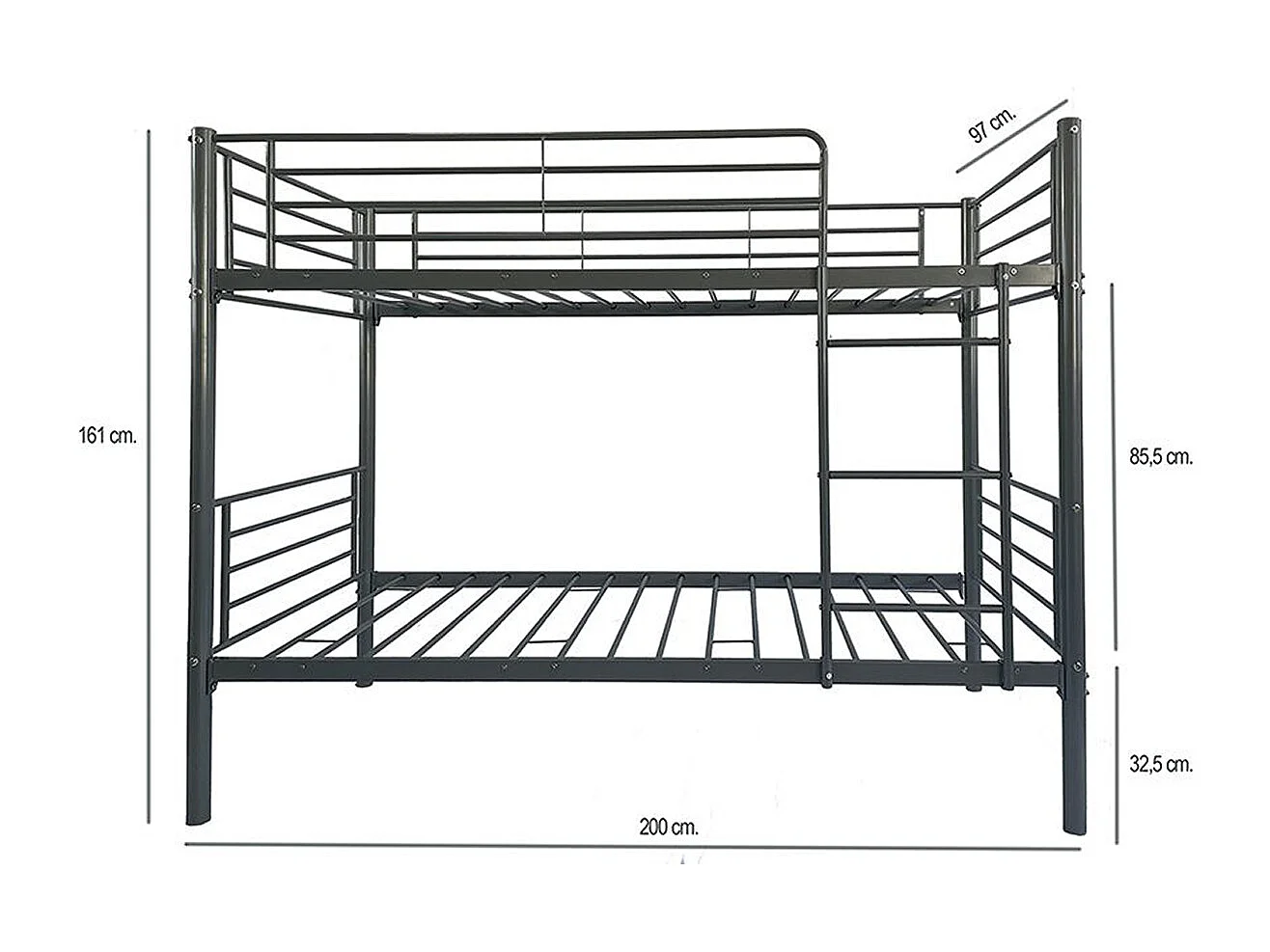 Lit superposé en métal coloris gris, couchage 90x190 cm - Longueur 200 x profondeur 97 x hauteur 161 cm