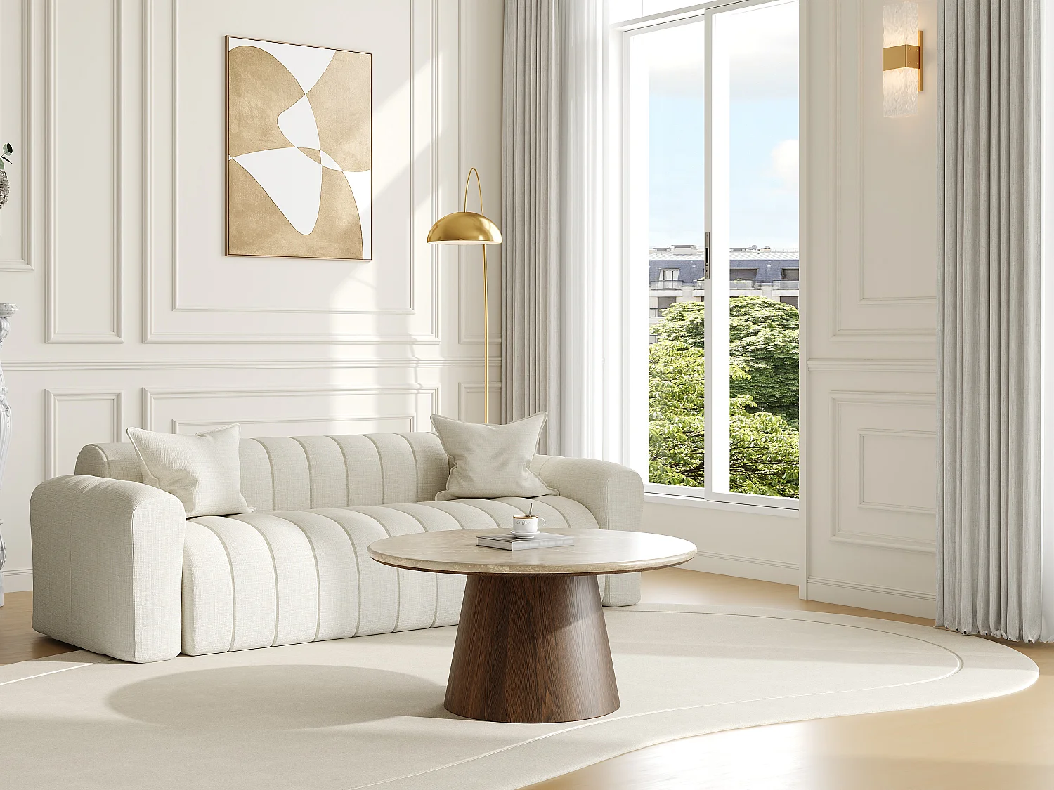 Table basse en marbre et placage noyer - Beige et naturel foncé - SADURA