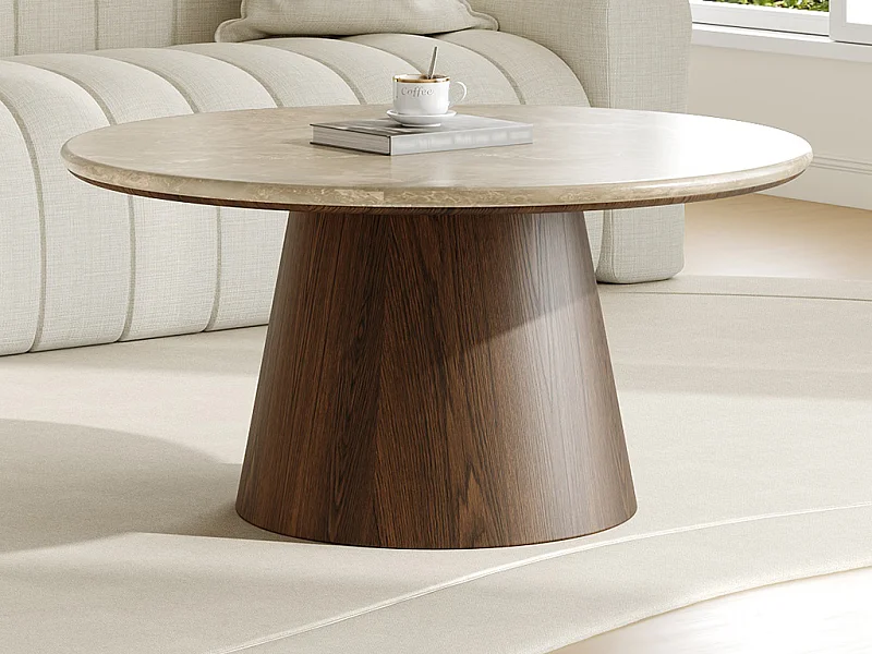 Table basse en marbre et placage noyer - Beige et naturel foncé - SADURA