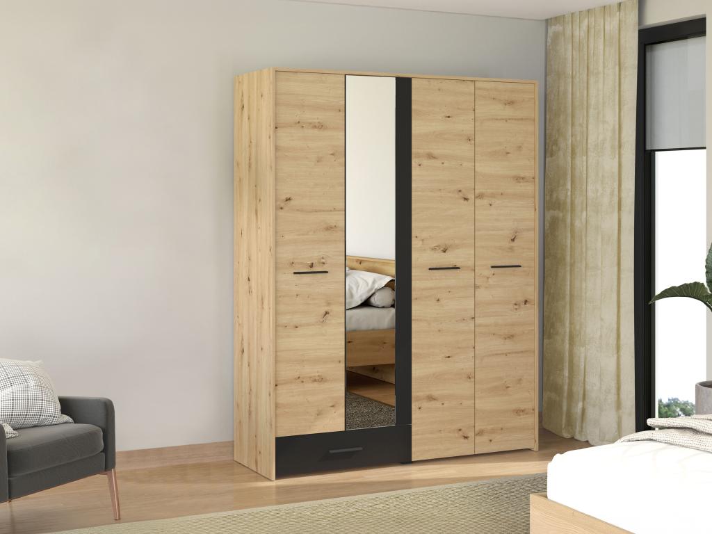 Armoire 4 portes et 1 tiroir – Avec miroir – L158 cm – Coloris : Naturel et noir – NIPOVA
