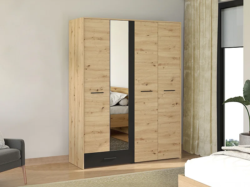 Armoire 4 portes et 1 tiroir – Avec miroir – L158 cm – Coloris : Naturel et noir – NIPOVA