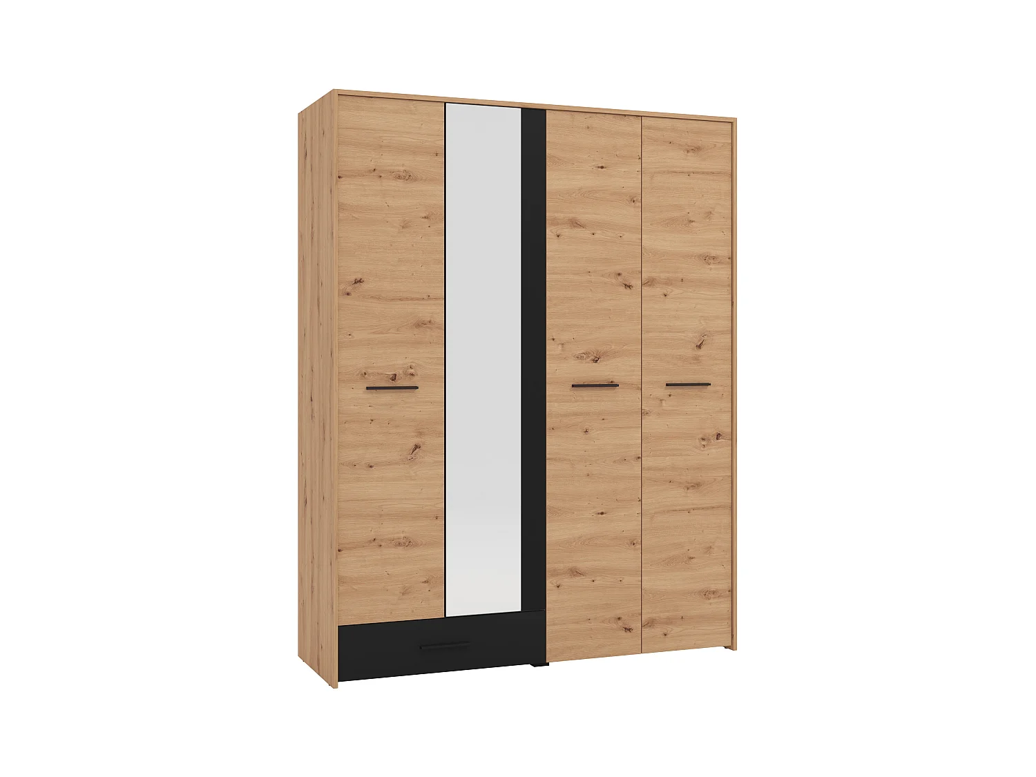 Armoire 4 portes et 1 tiroir – Avec miroir – L158 cm – Coloris : Naturel et noir – NIPOVA