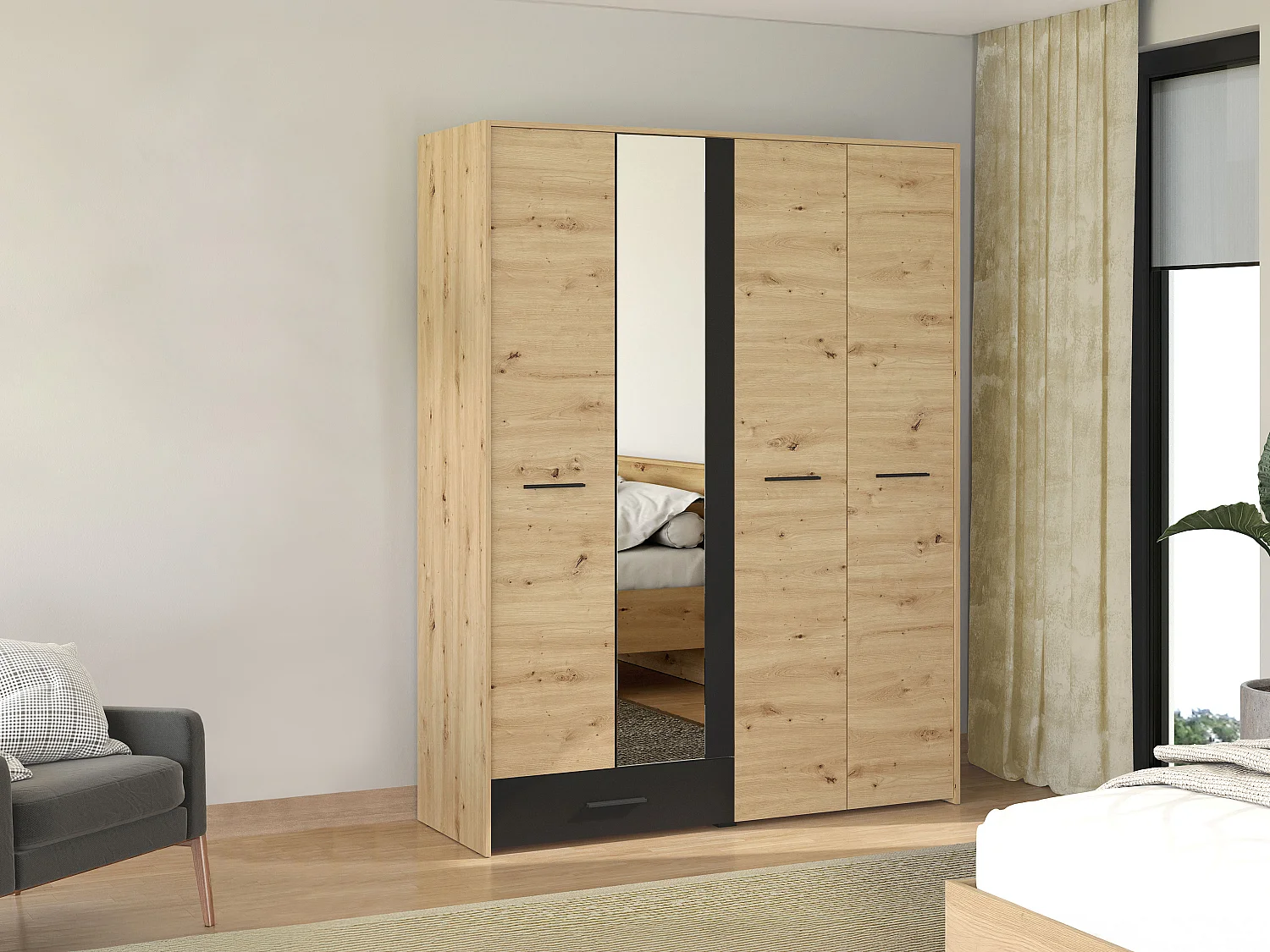 Armoire 4 portes et 1 tiroir – Avec miroir – L158 cm – Coloris : Naturel et noir – NIPOVA