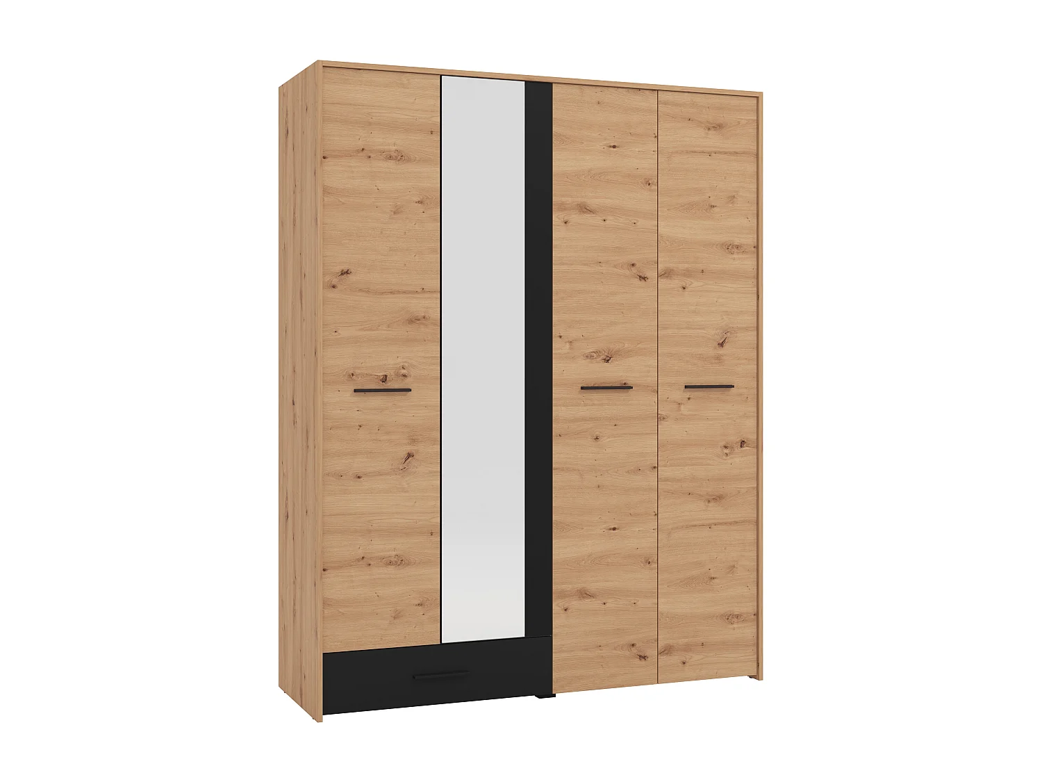 Armoire 4 portes et 1 tiroir – Avec miroir – L158 cm – Coloris : Naturel et noir – NIPOVA
