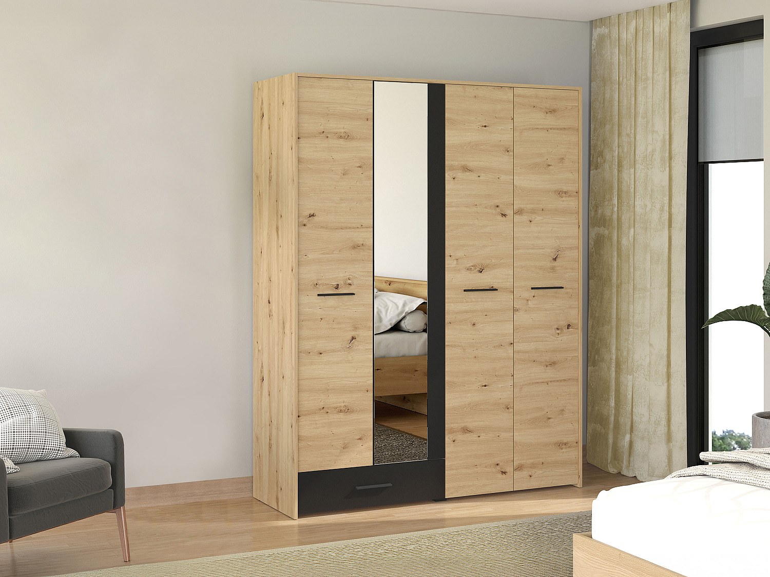 Kleiderschrank mit 4 Türen & 1 Schublade - mit Spiegel - B158 cm - Natur & Schwarz - NIPOVA