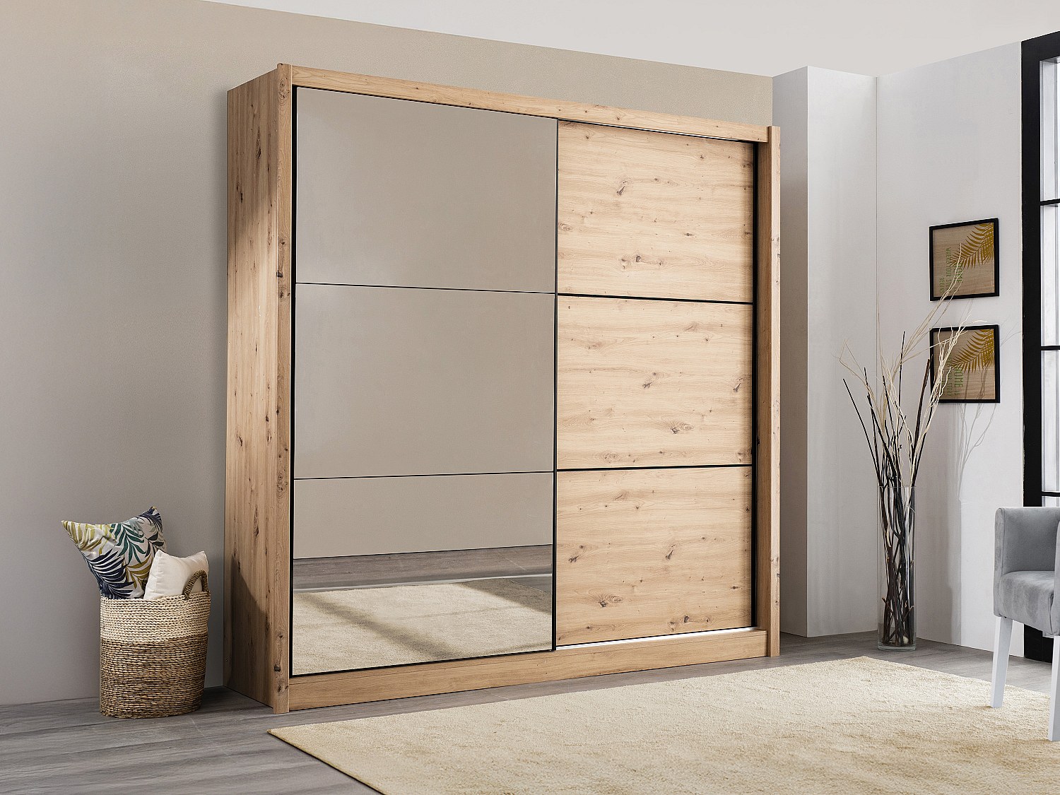 Kleiderschrank mit 2 Türen - mit Spiegel - B213 cm - Natur - MOLEPA