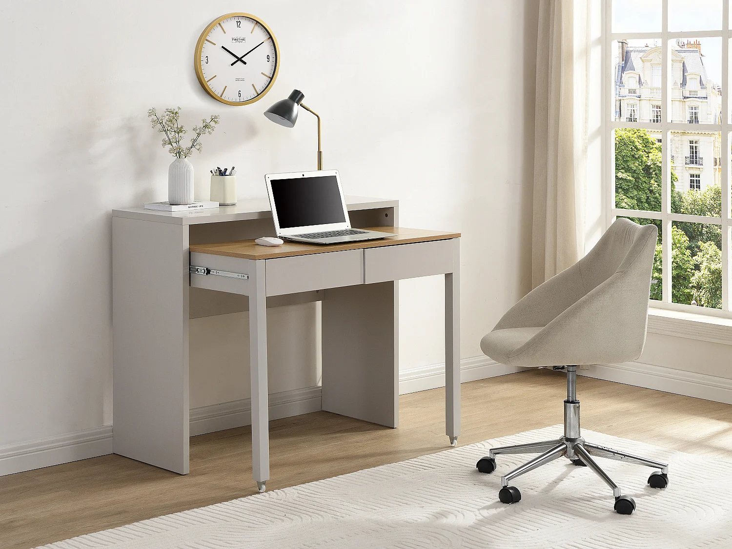 Bureau console extensible avec 2 tiroirs - Beige et naturel - LOAVIA