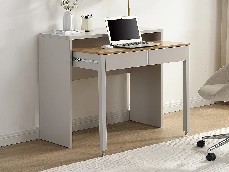 Bureau console extensible avec 2 tiroirs - Beige et naturel - LOAVIA