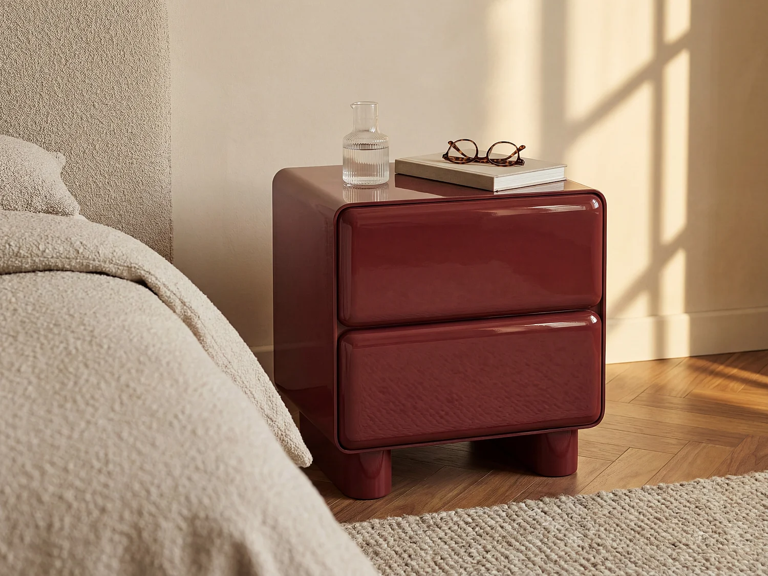 Mesa de cabeceira com 2 gavetas – MDF – Bordeaux lacado - AUNELA