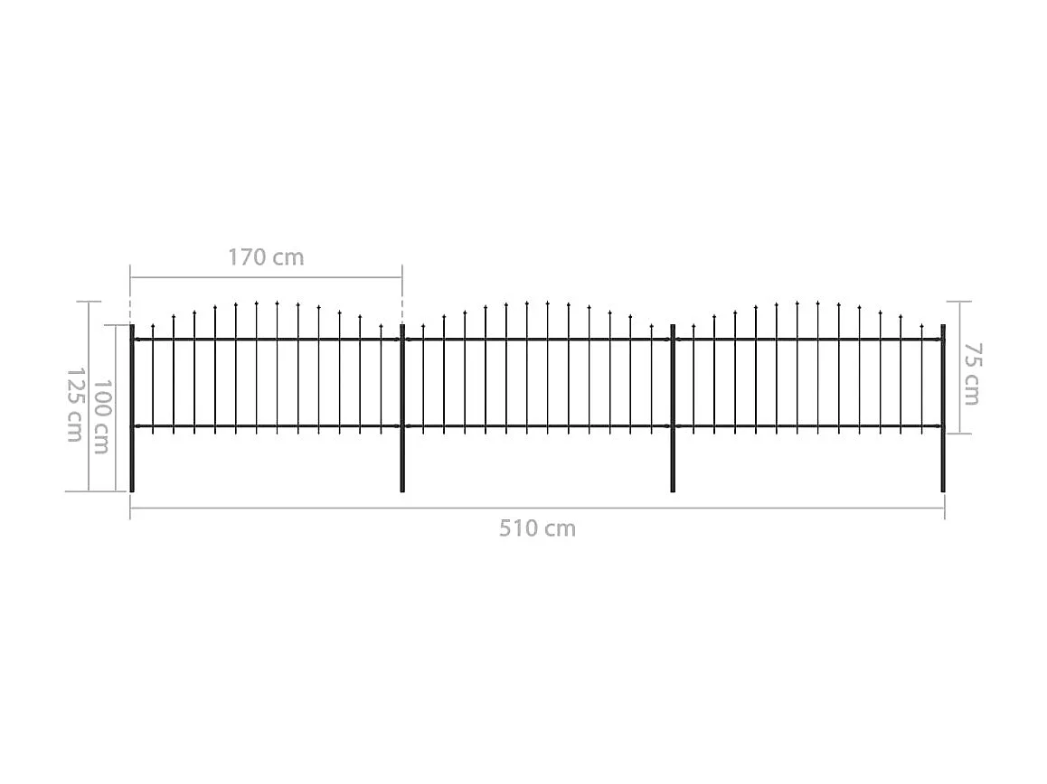Clôture de jardin à dessus en lance Acier (0,5-0,75)x5,1 m Noir