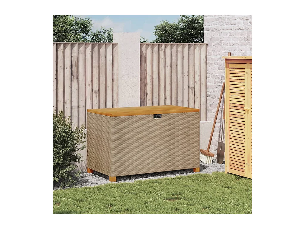 Boîte de rangement de jardin beige résine tressée bois d'acacia