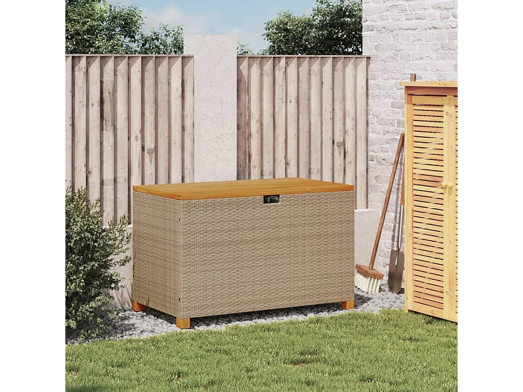 Boîte de rangement de jardin beige résine tressée bois d'acacia