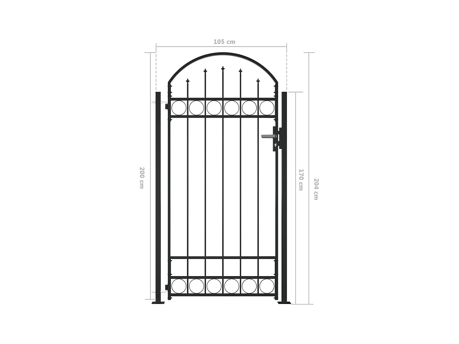 Portail de clôture à dessus arqué et 2 poteaux 105x204 Noir