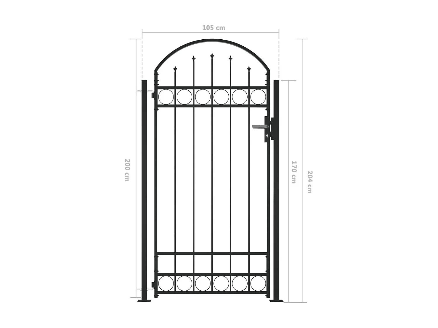 Portail de clôture à dessus arqué et 2 poteaux 105x204 Noir