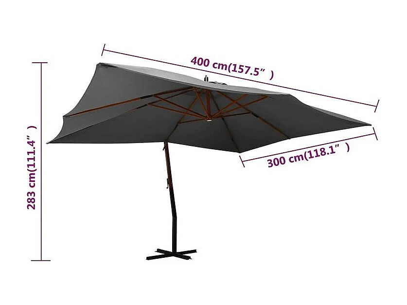 Parasol en porte-à-faux avec mât en bois 400x300 Anthracite