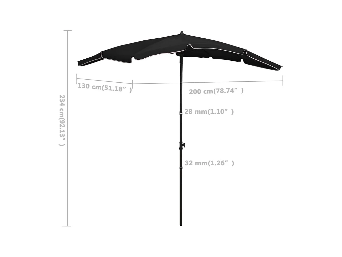 Parasol de jardin avec mât 200x130 Noir