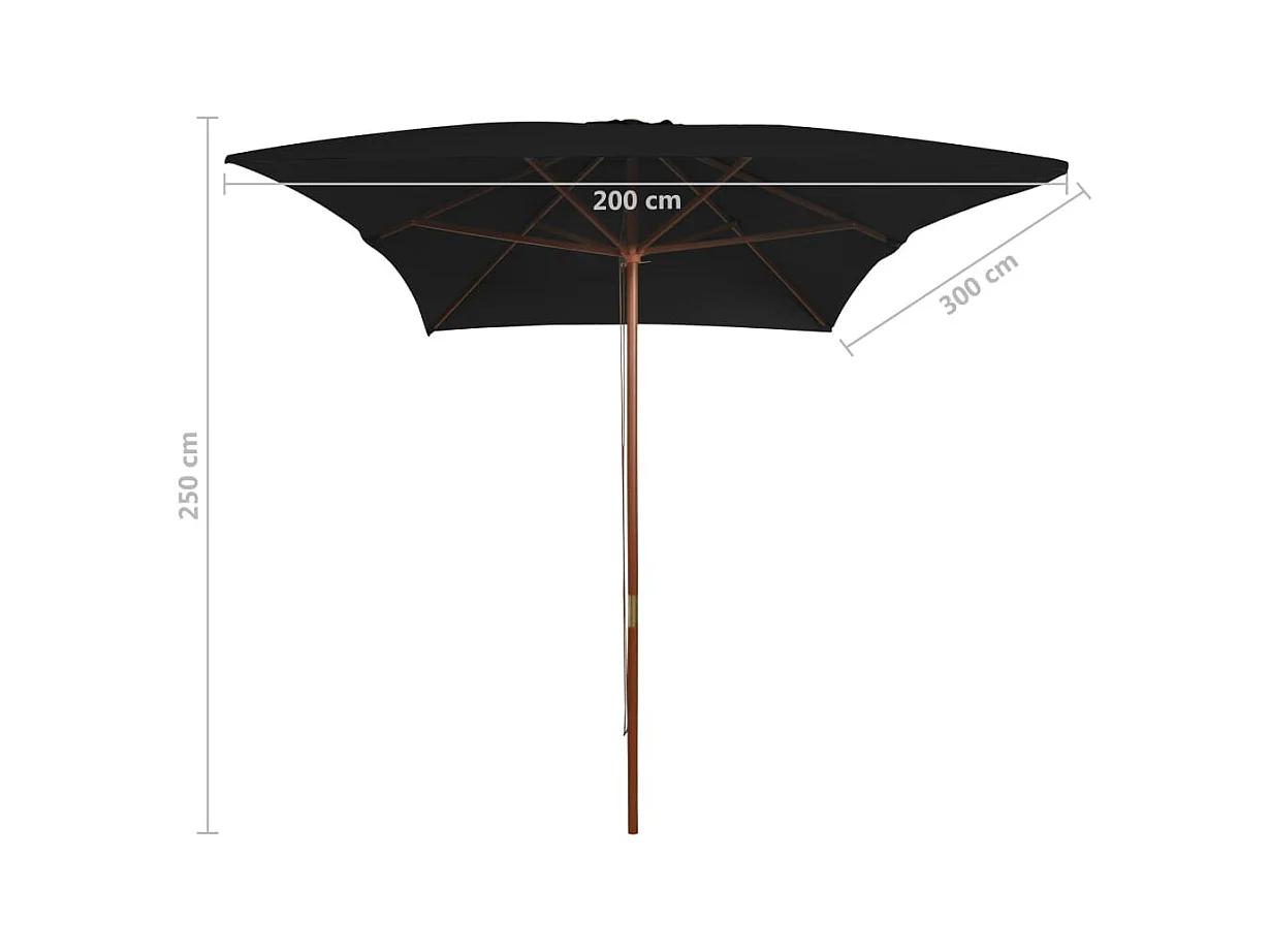 Parasol d'extérieur avec mât en bois Noir 200x300