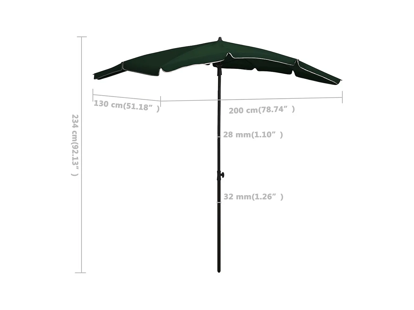 Parasol de jardin avec mât 200x130 Vert