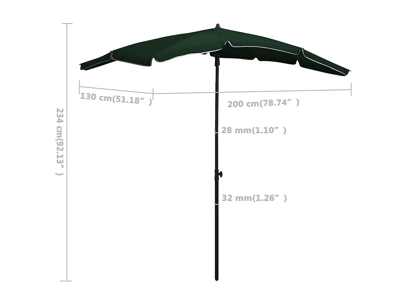 Parasol de jardin avec mât 200x130 Vert