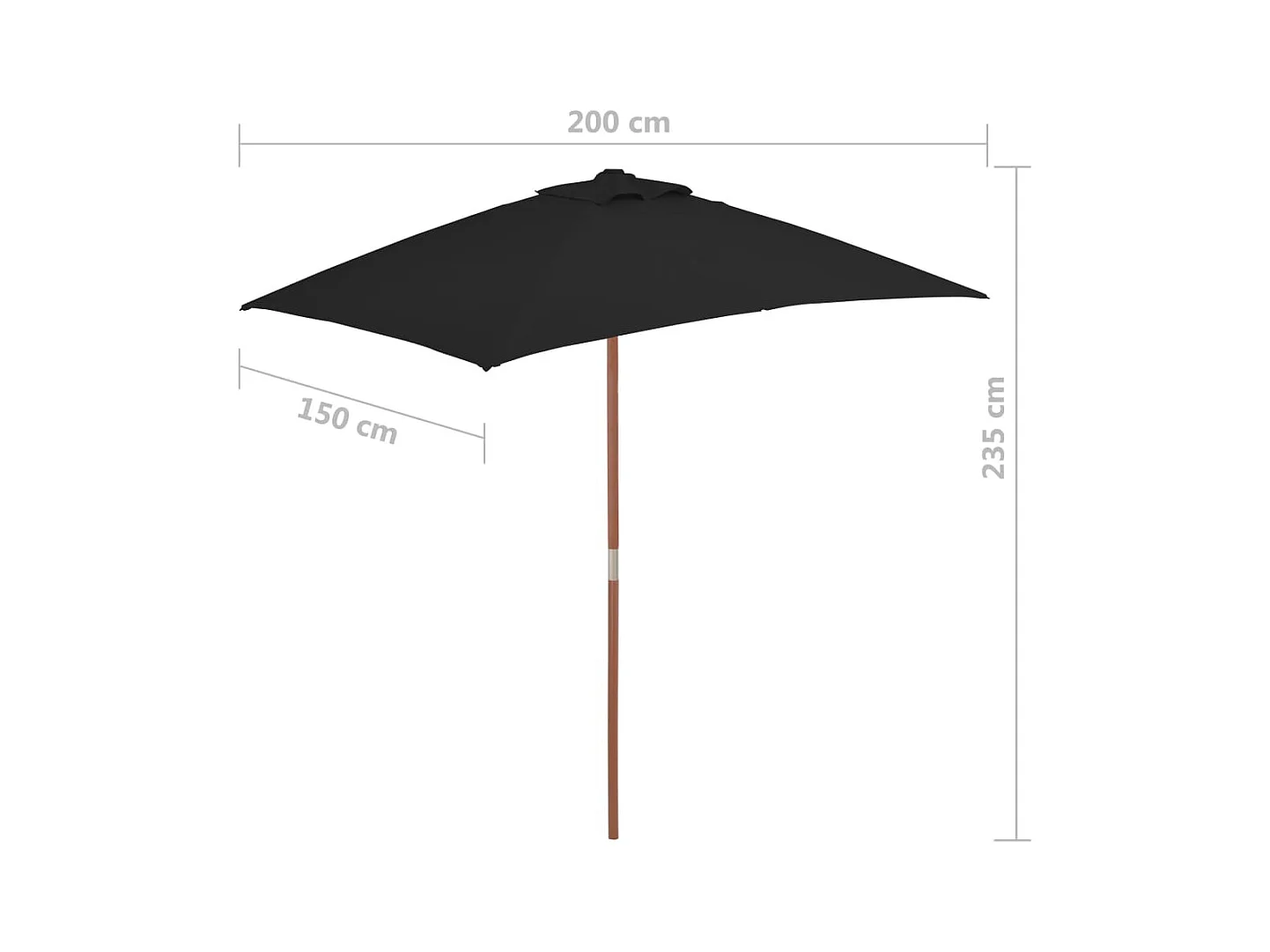 Parasol d'extérieur avec mât en bois Noir 150x200