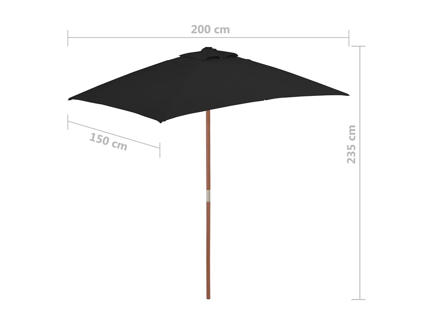 Parasol d'extérieur avec mât en bois Noir 150x200